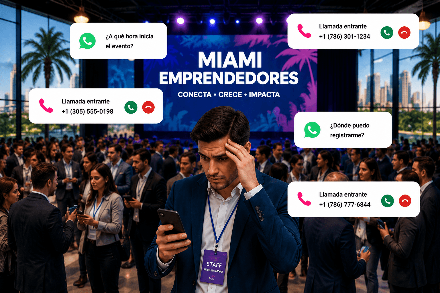 Asistente virtual de Miami Emprendedores atendiendo llamadas y mensajes de WhatsApp durante el evento