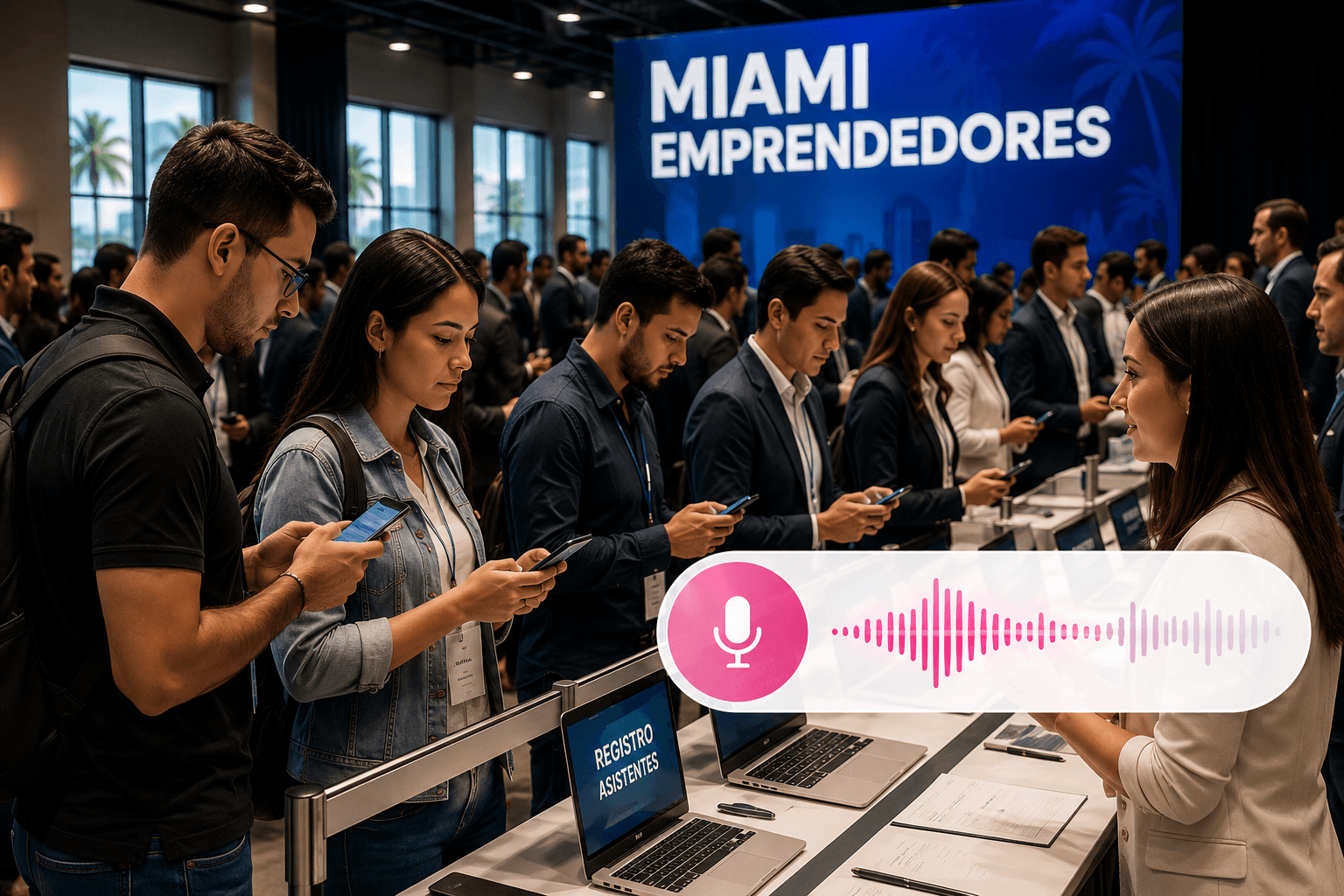Asistentes del evento Miami Emprendedores usando sus teléfonos mientras el asistente virtual de Mia atiende llamadas